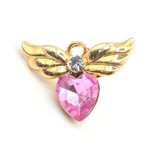 Avon 2002 Gold Tone Pink Heart Angel Wing Pin Brooch Rhinestone Gem‎